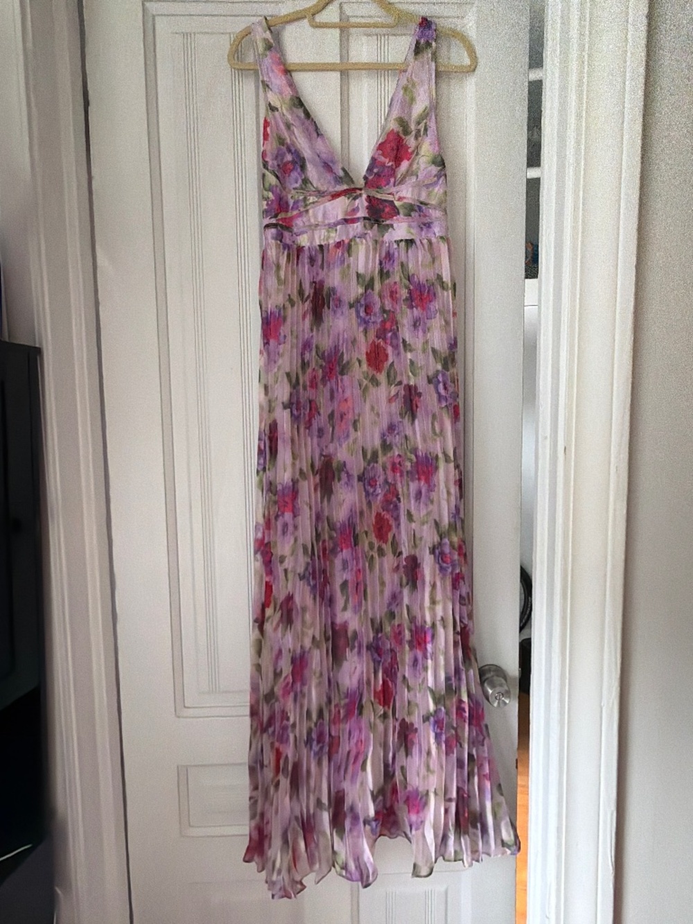Morgana Pink Multi Floral Satin Pleated Maxi Dress